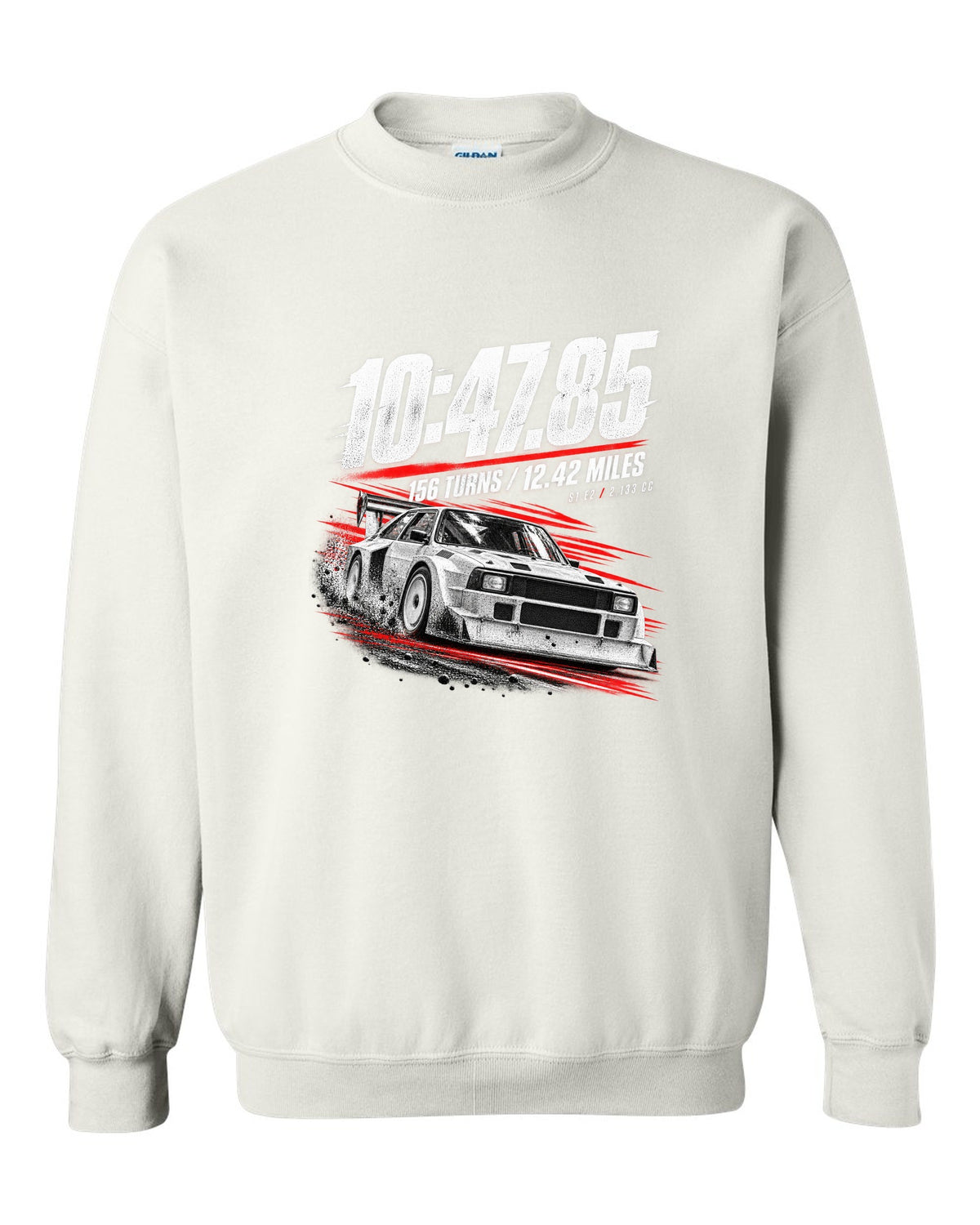 Race poster print of an Audi Sport Quattro S1 E2 with hill climb numbers white crewneck front view with the design