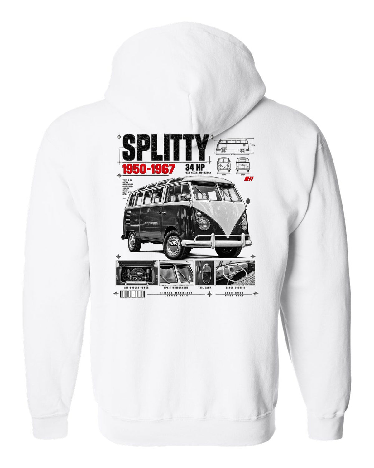 Dossier panel print of a 1962 VW T1 split-window Kombi with spec text white zip hoodie back view with the design