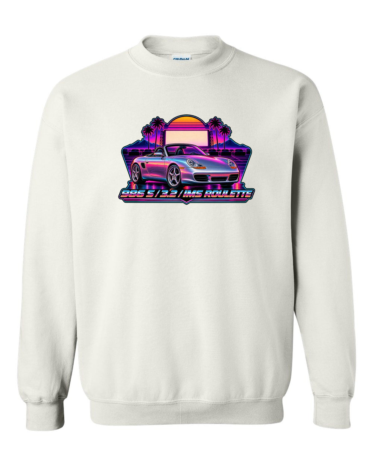 Porsche 986 Boxster S synthwave outrun design with IMS roulette lettering white crewneck front view with the design