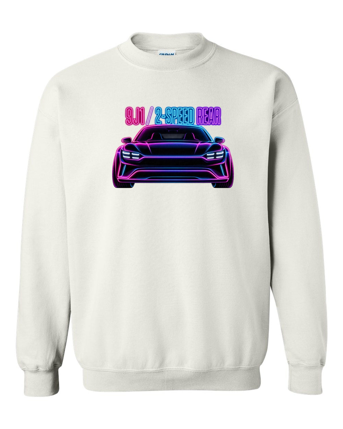Porsche Taycan Turbo S 9J1 neon outline print with the text 9J1 2-speed rear white crewneck front view with the design