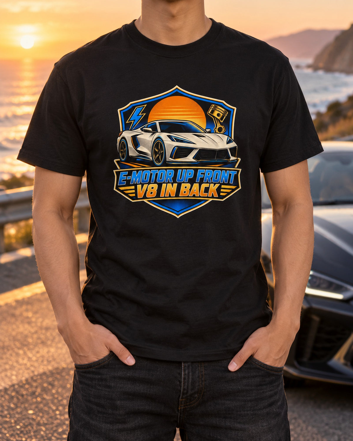 Corvette C8 Stingray E-Motor Front V8 Back Comic Halftone Tee T-Shirt Black worn hero