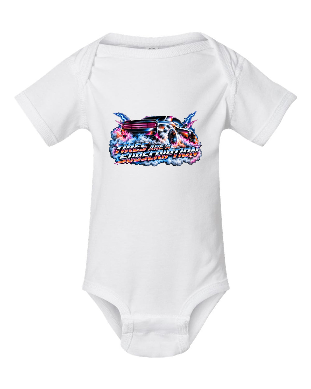 80s airbrush chrome illustration of a 2020 Dodge Challenger Scat Pack 392 Widebody doing a burnout white baby onesie front view with the design