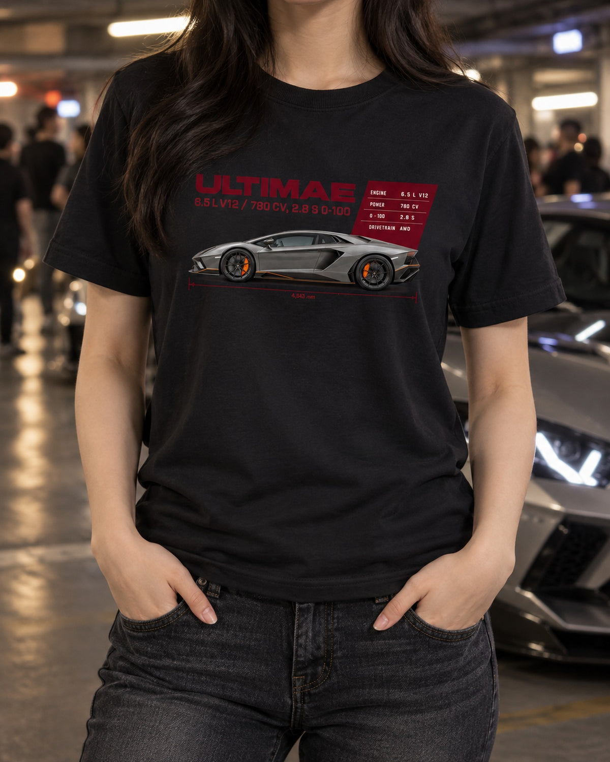Lamborghini Aventador Ultimae Spec Poster Tee, V12 Fan T-Shirt Black worn hero