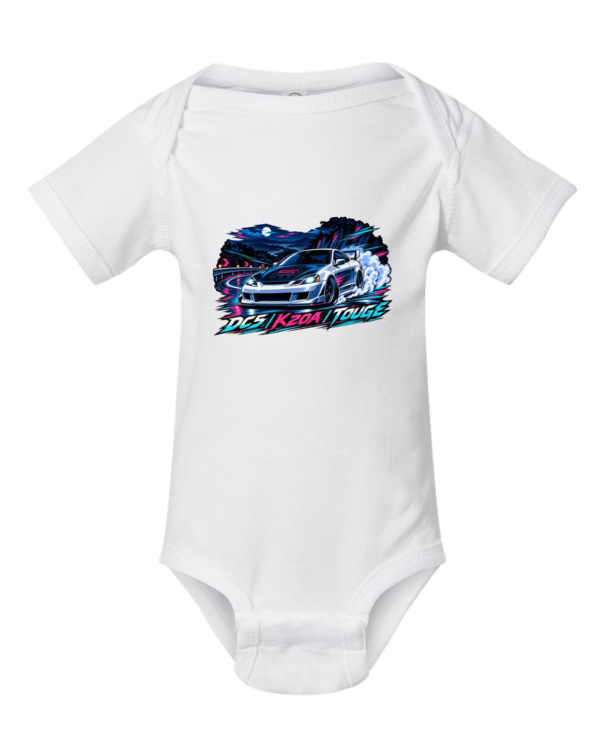 Crest layout print for the Honda Integra Type R DC5 with 6MT only text white baby onesie front view with the design