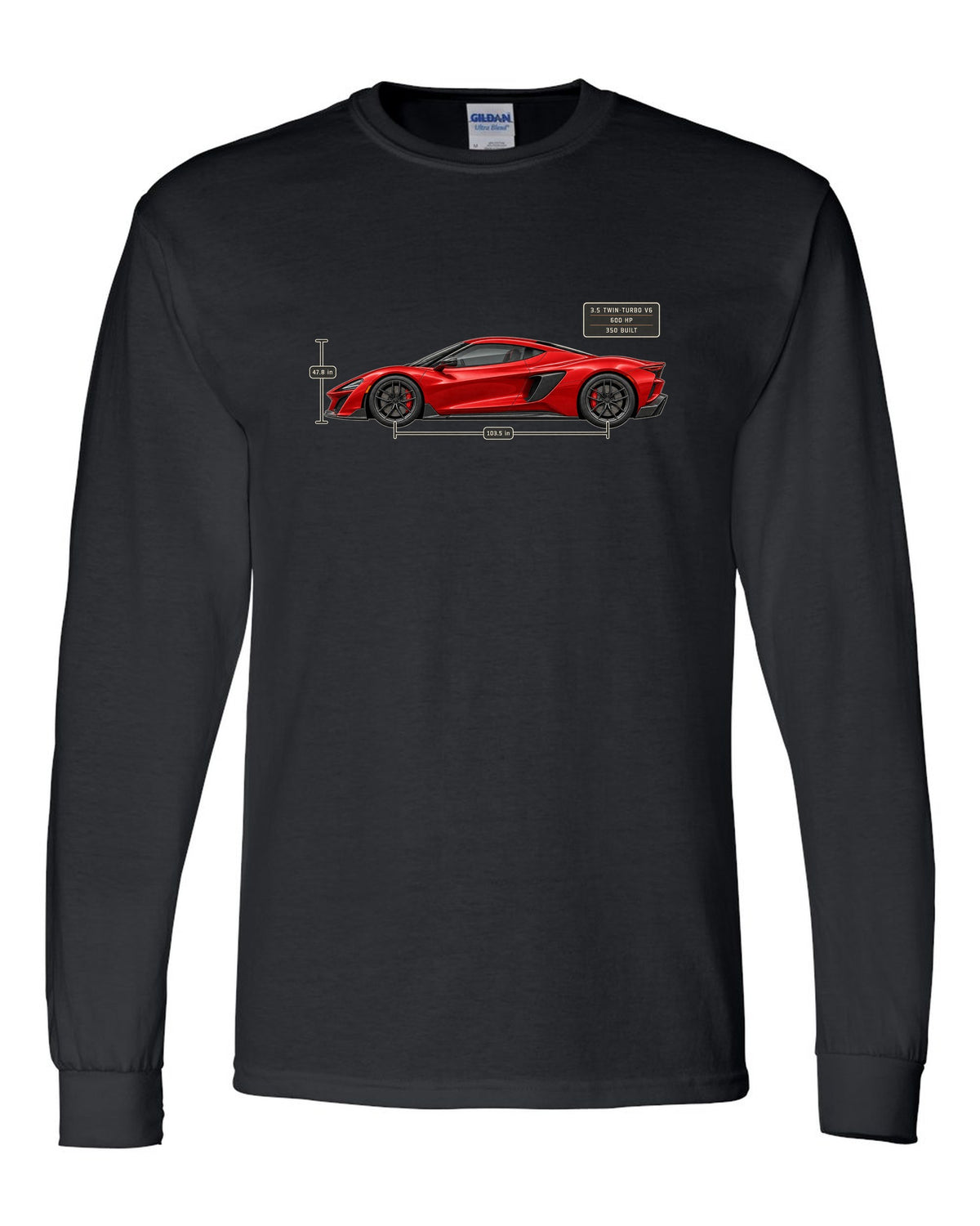 Acura NSX NC1 Type S Side Dimension Blueprint Tee, Car Gift black long sleeve front view with the design