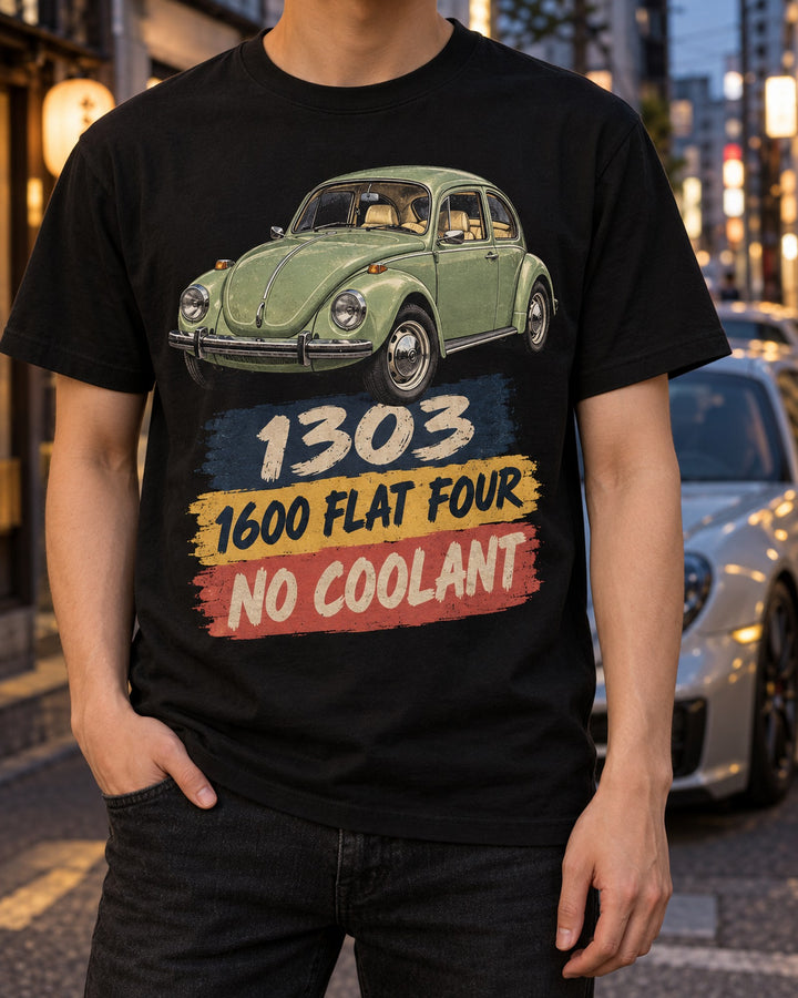 VW Beetle Type 1 1303 Gouache Painted Flat Four Shirt T-Shirt Black worn hero