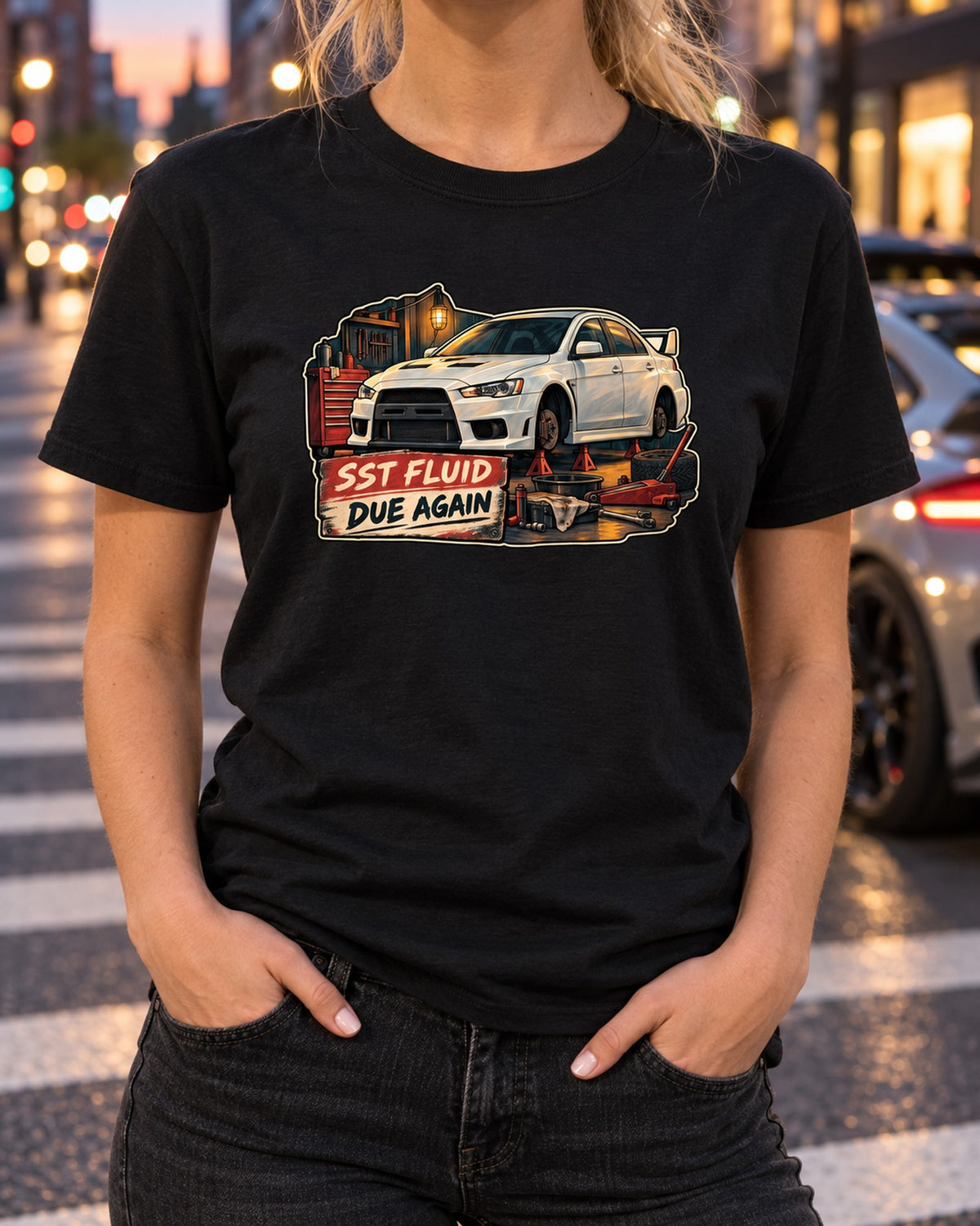 Mitsubishi Evo X CZ4A Gouache Garage Shirt, SST Fluid Due Again T-Shirt Black worn hero
