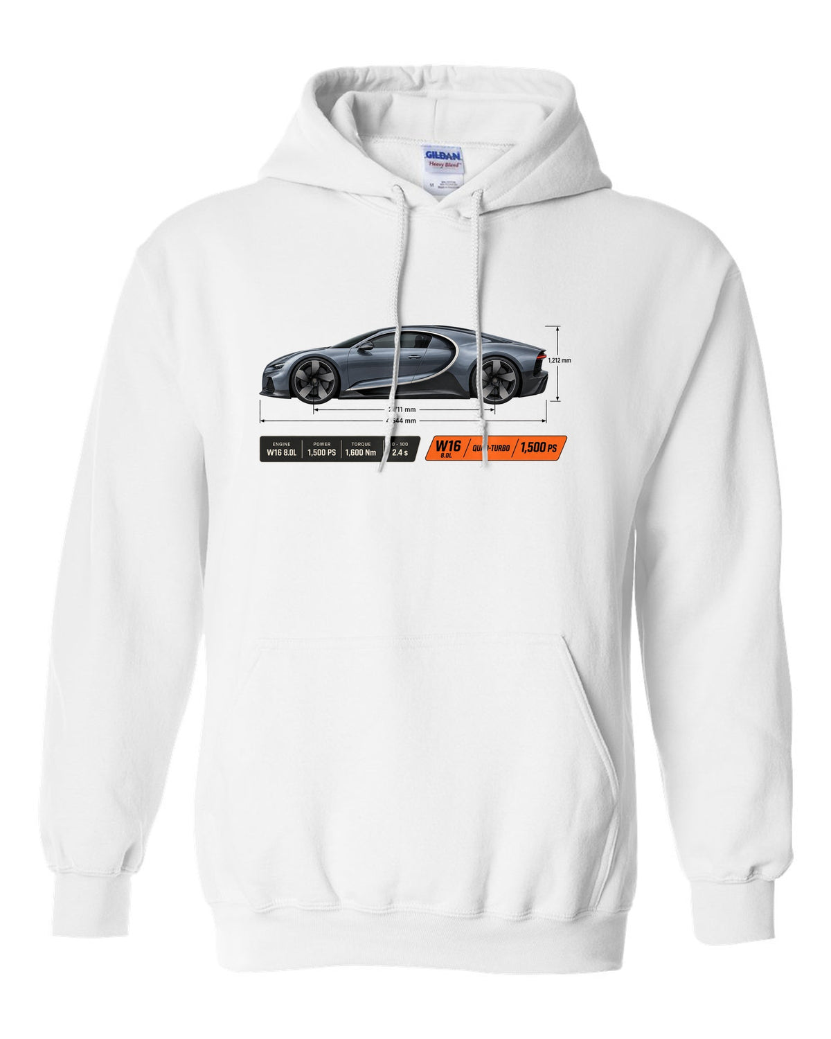 Bugatti Chiron W16 Dimension Blueprint white pull over hoodie front view with the design