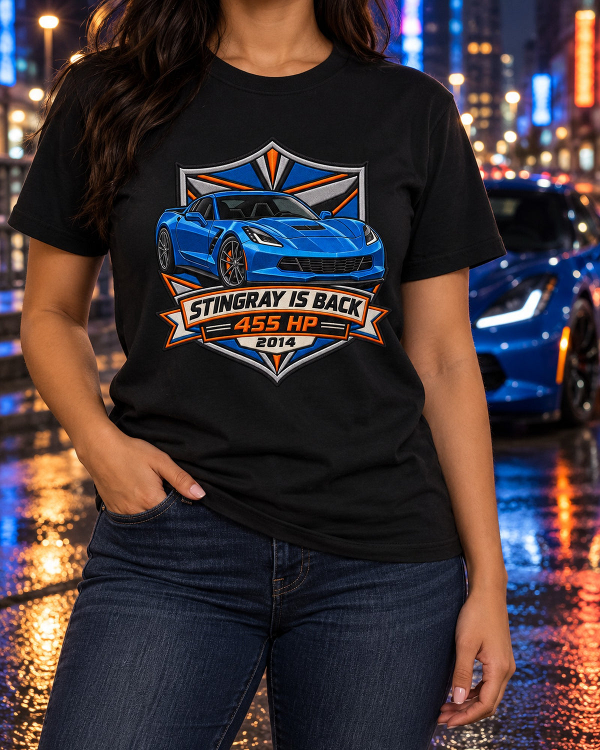 C7 Stingray Corvette Gill Vent Crest Tee, 2014 455 HP T-Shirt Black worn hero