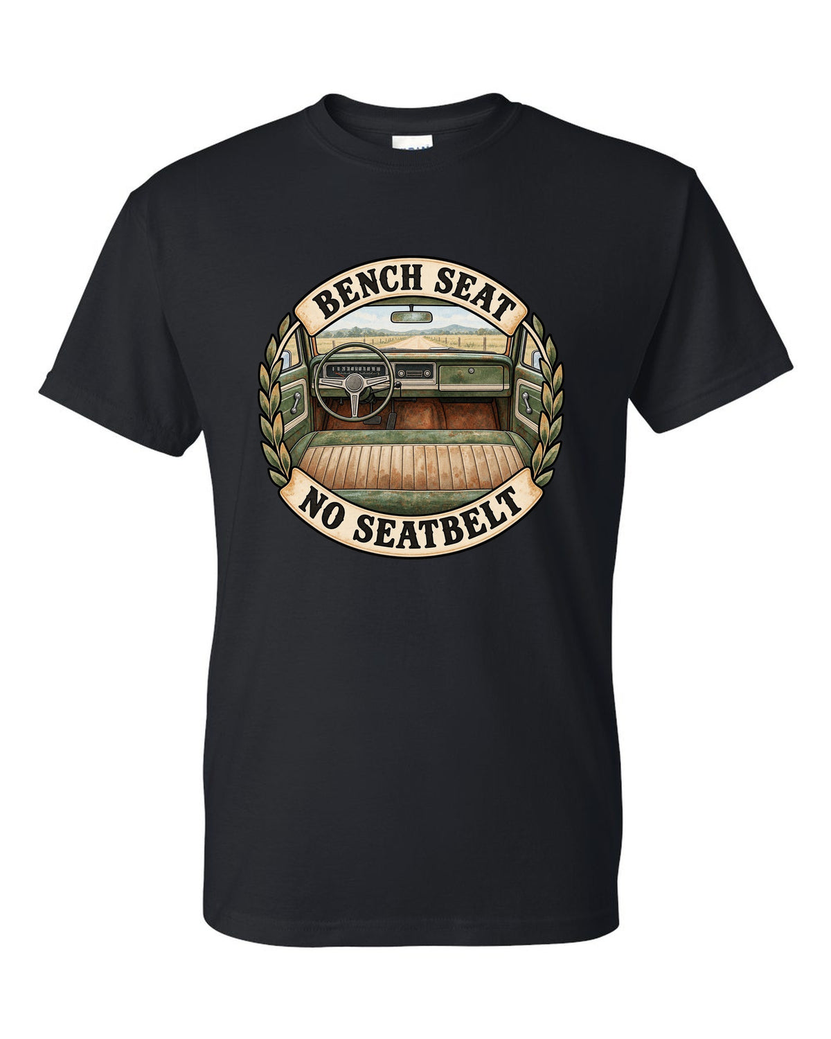 Watercolor print of the dash and bench seat in a 1967-72 Chevrolet C10 Action Line Fleetside Cheyenne black t-shirt front view with the design