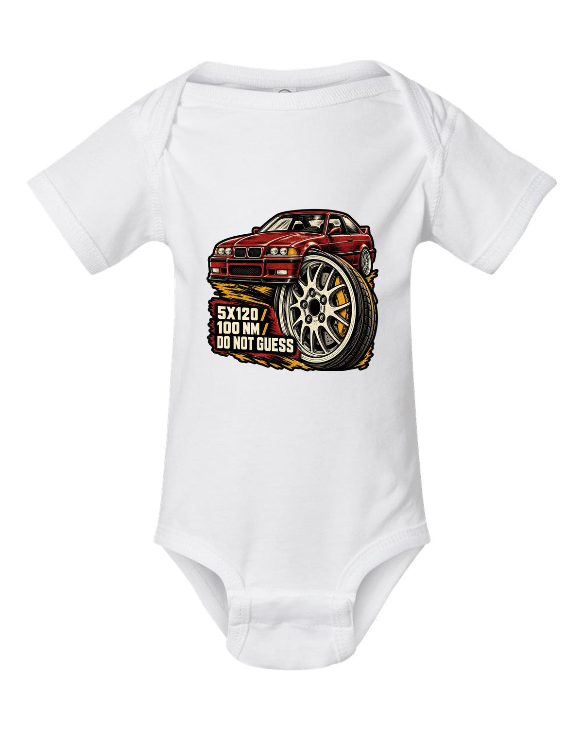 Linocut woodcut lug nut design for a BMW E36 M3 coupe with 5x120 and 100 Nm text white baby onesie front view with the design