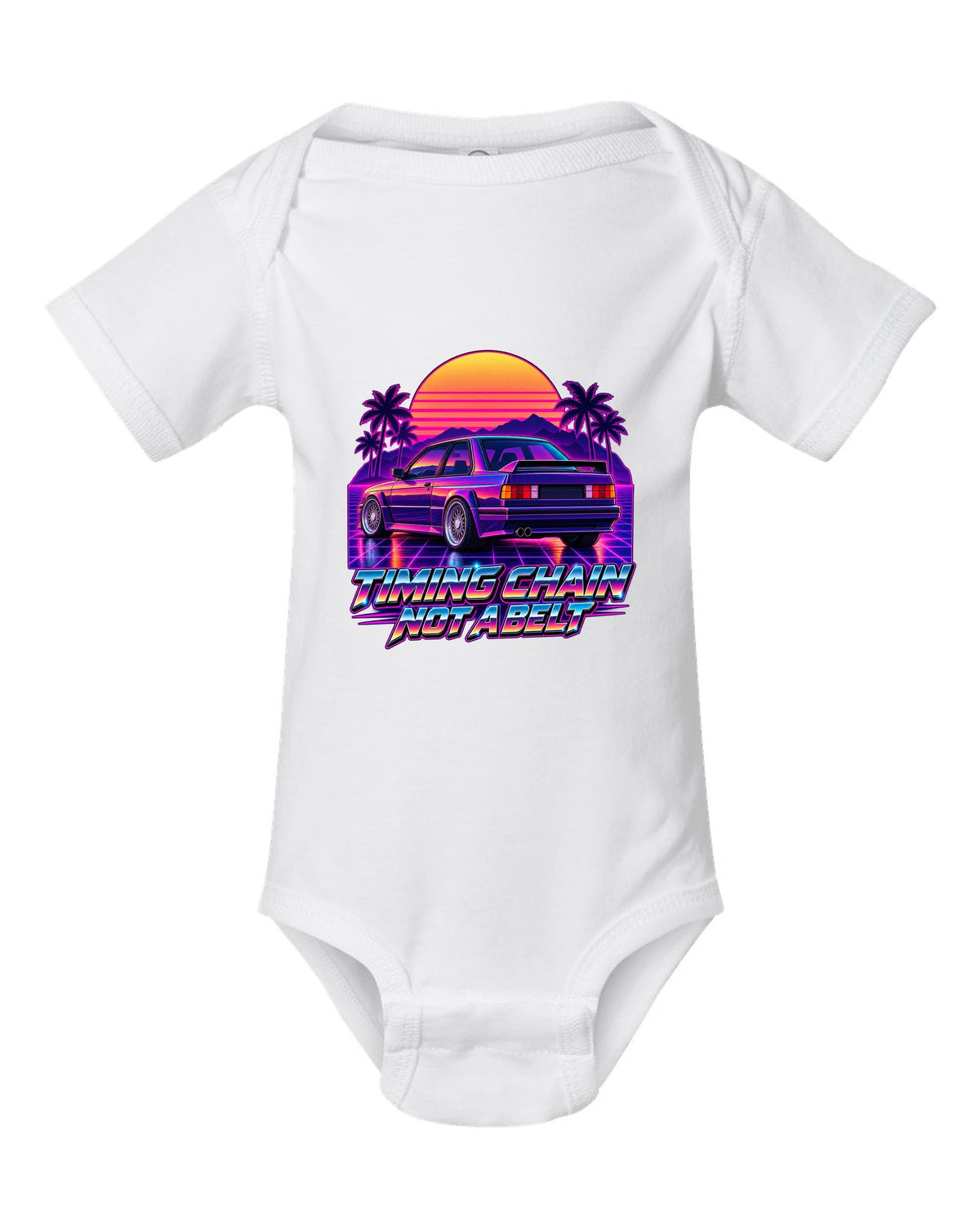 Synthwave outrun illustration of a BMW E30 M3 taillights at dusk with timing chain text white baby onesie front view with the design