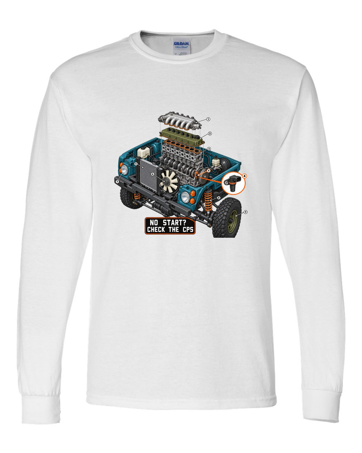 Exploded cutaway engine print of a Jeep Wrangler TJ with check the CPS text white long sleeve front view with the design