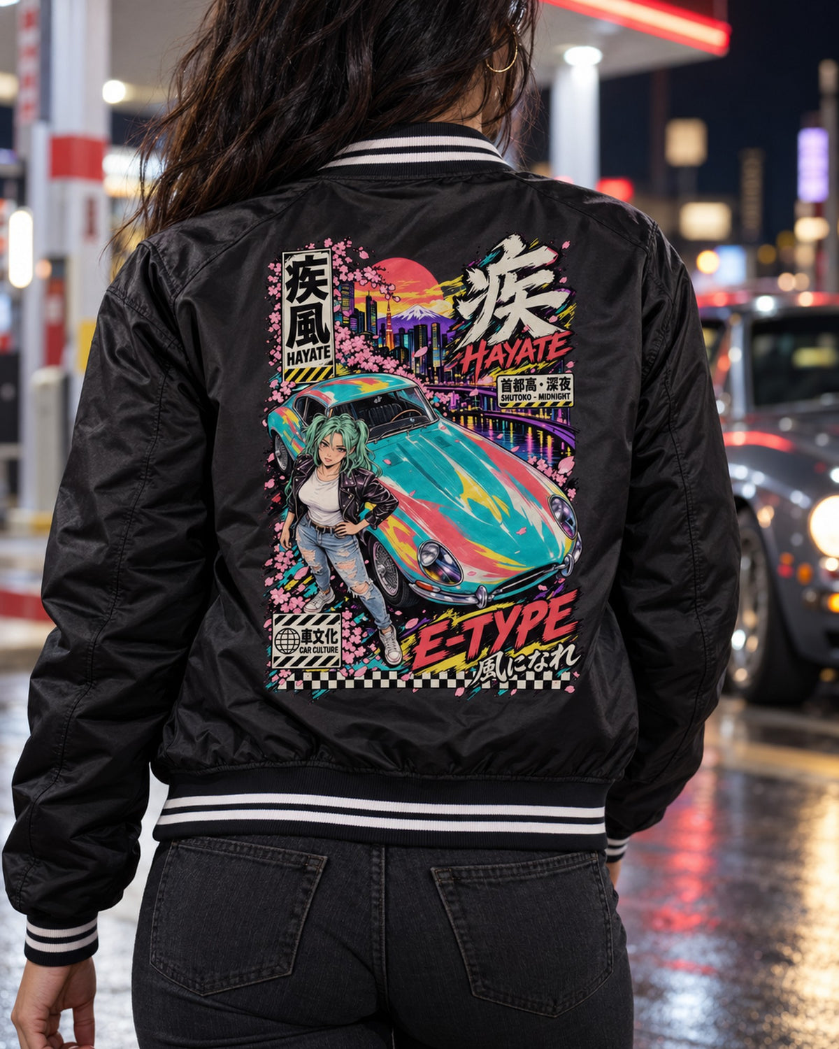 HAYATE E-TYPE Anime Girl Full-Back Graphic Tee Bomber Jacket Black worn hero