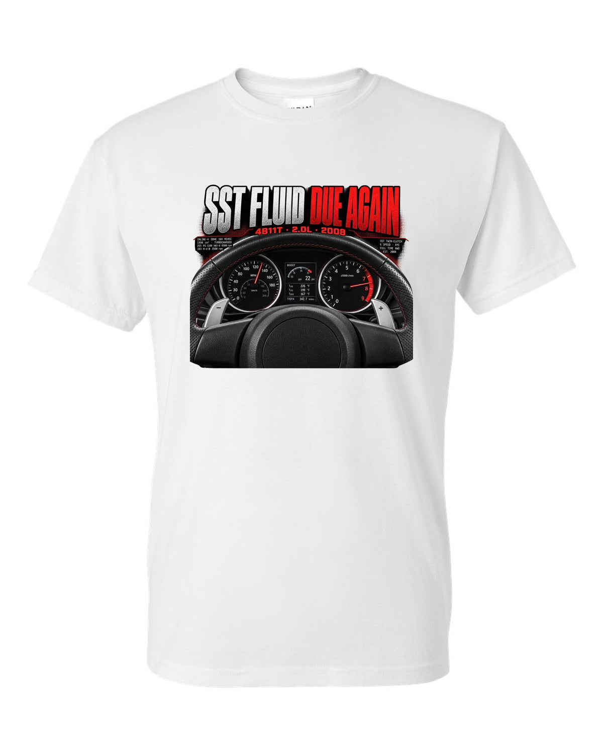 Mitsubishi Lancer Evolution X cockpit gauge print with SST fluid reminder text white t-shirt front view with the design