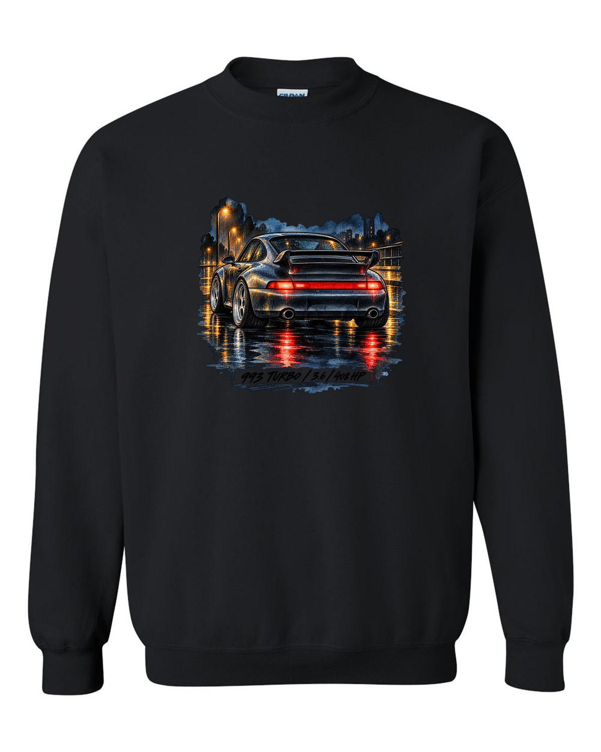 Spec sheet data plate design for the 1978 Porsche 911 Turbo 3.3 930 black crewneck front view with the design