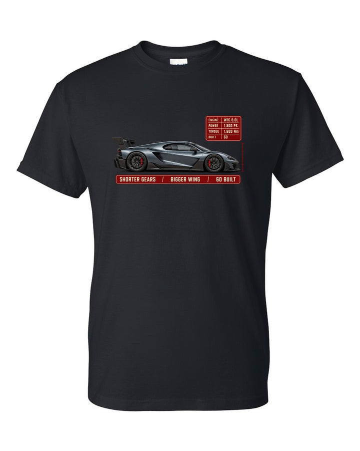 Bugatti Chiron Pur Sport spec poster print with production number and power black t-shirt front view with the design