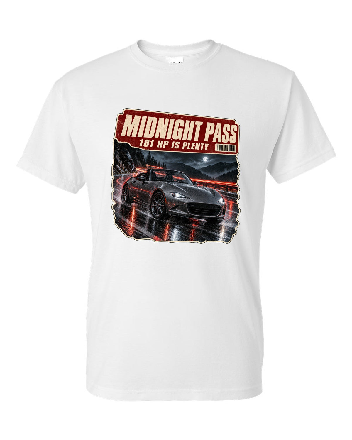 Night mountain pass scene with a 2020 Mazda MX-5 ND RF in Polymetal Grey, poster-style print white t-shirt front view with the design