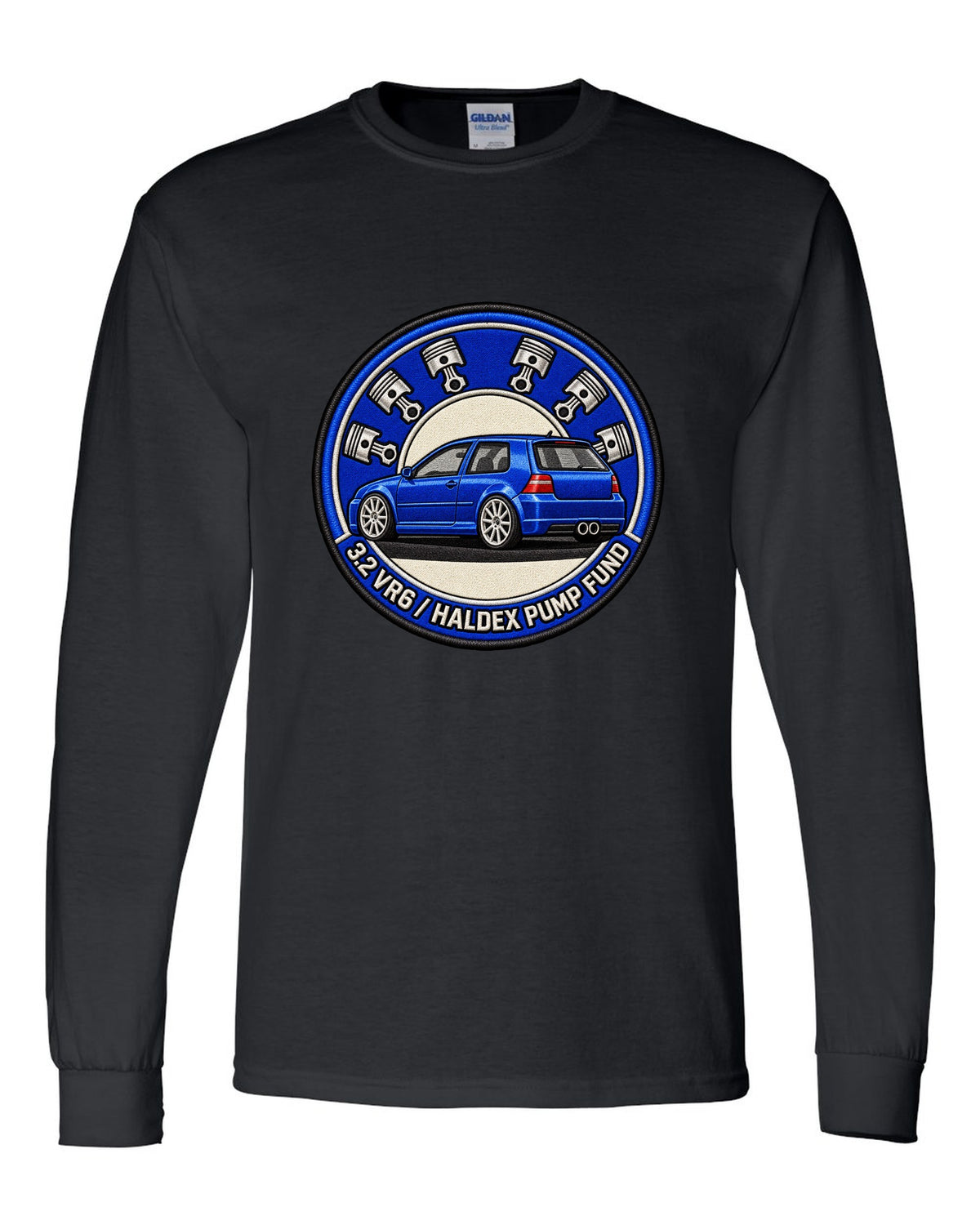 Varsity crest print for a VW Golf R32 Mk4 with 3.2 VR6 and Haldex pump fund lettering black long sleeve front view with the design