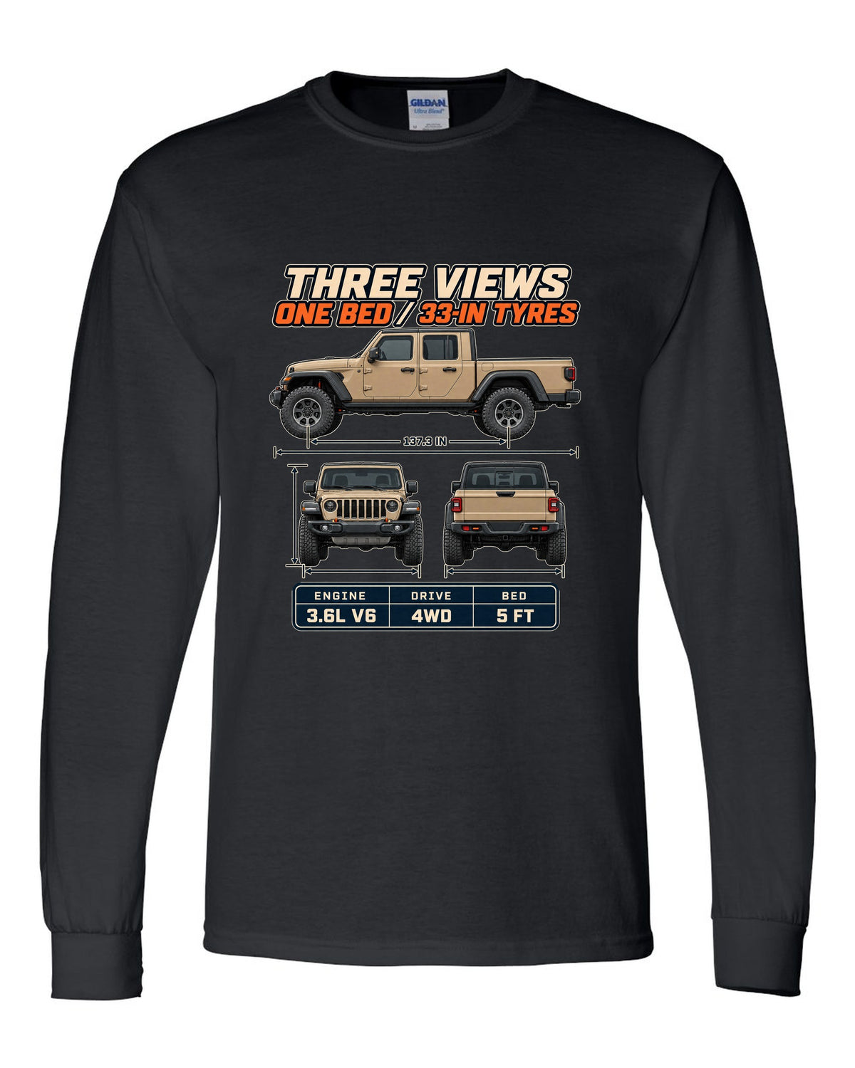Three-view drawing with spec table print of the Jeep Gladiator Mojave black long sleeve front view with the design