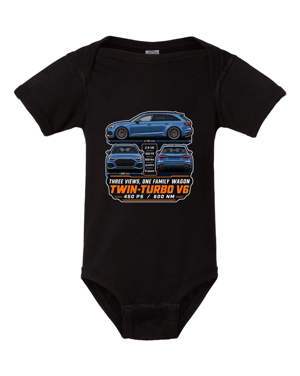 Audi RS4 Avant B9 facelift three-view drawing with spec table print black baby onesie front view with the design
