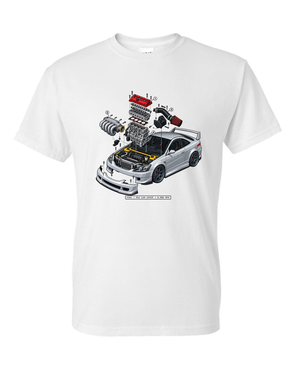 Exploded K20A engine diagram print of a 2002 Honda Integra DC5 ch with red cam cover text white t-shirt front view with the design