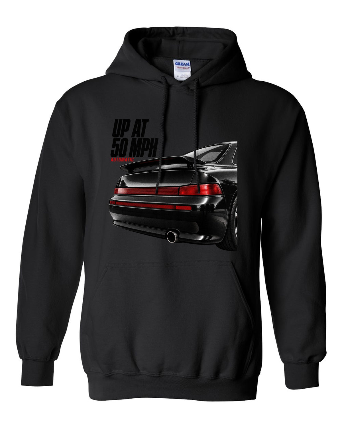 Detail macro print of the Porsche 911 Carrera 2 (964) rear spoiler with the caption Up At 50 MPH black pull over hoodie front view with the design