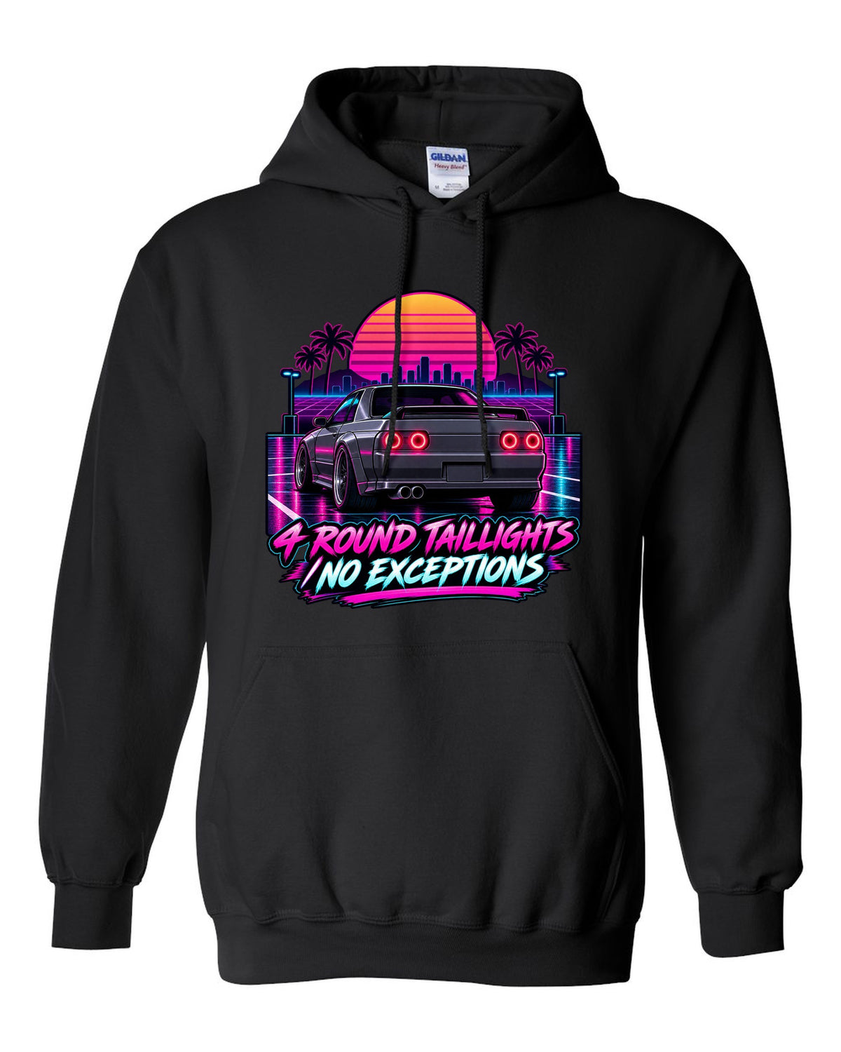 Neon synthwave print of a Nissan Skyline GT-R R32 BNR32 rear with four round taillights black pull over hoodie front view with the design