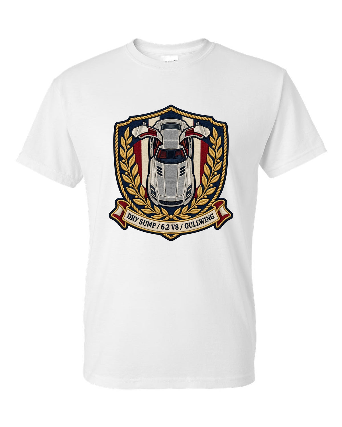 Embroidery style shield crest showing an overhead Mercedes SLS AMG C197 with gullwing doors open white t-shirt front view with the design
