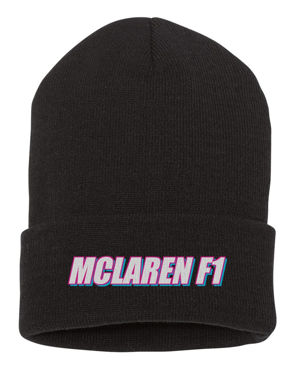 Mclaren F1 black beanie front view with car name