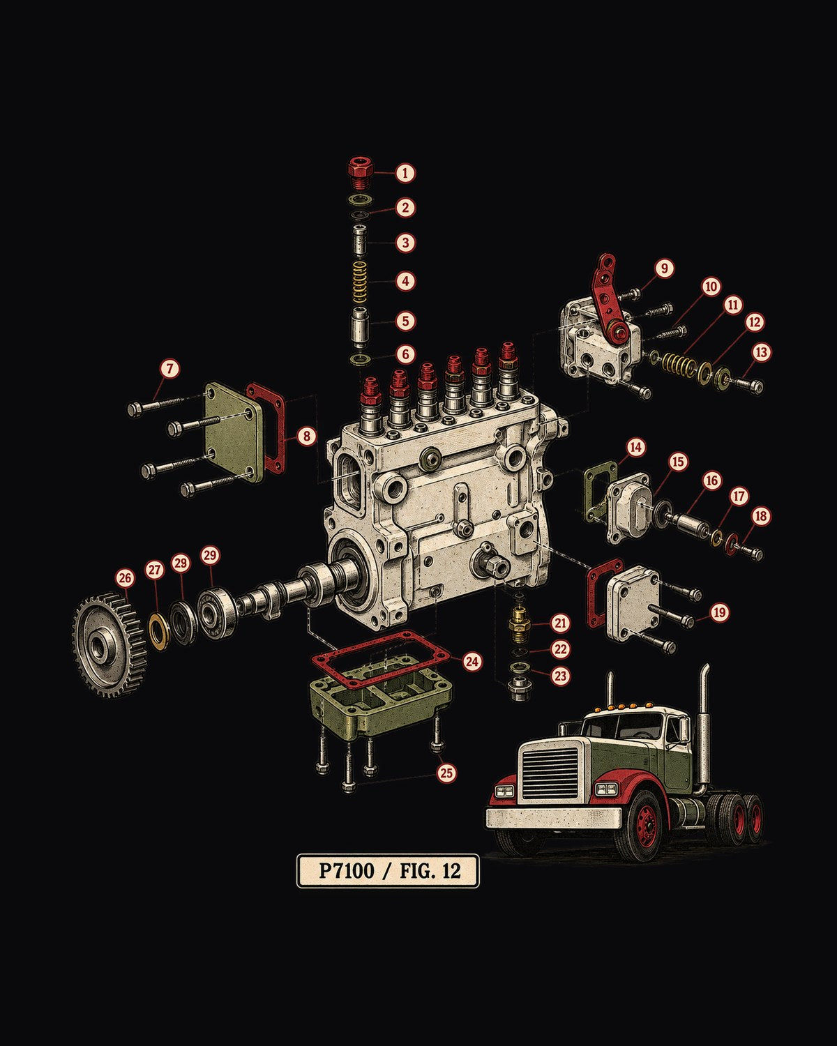 Bosch P7100 Injection Pump Service Diagram Tee, Ram 12V Cummins design only