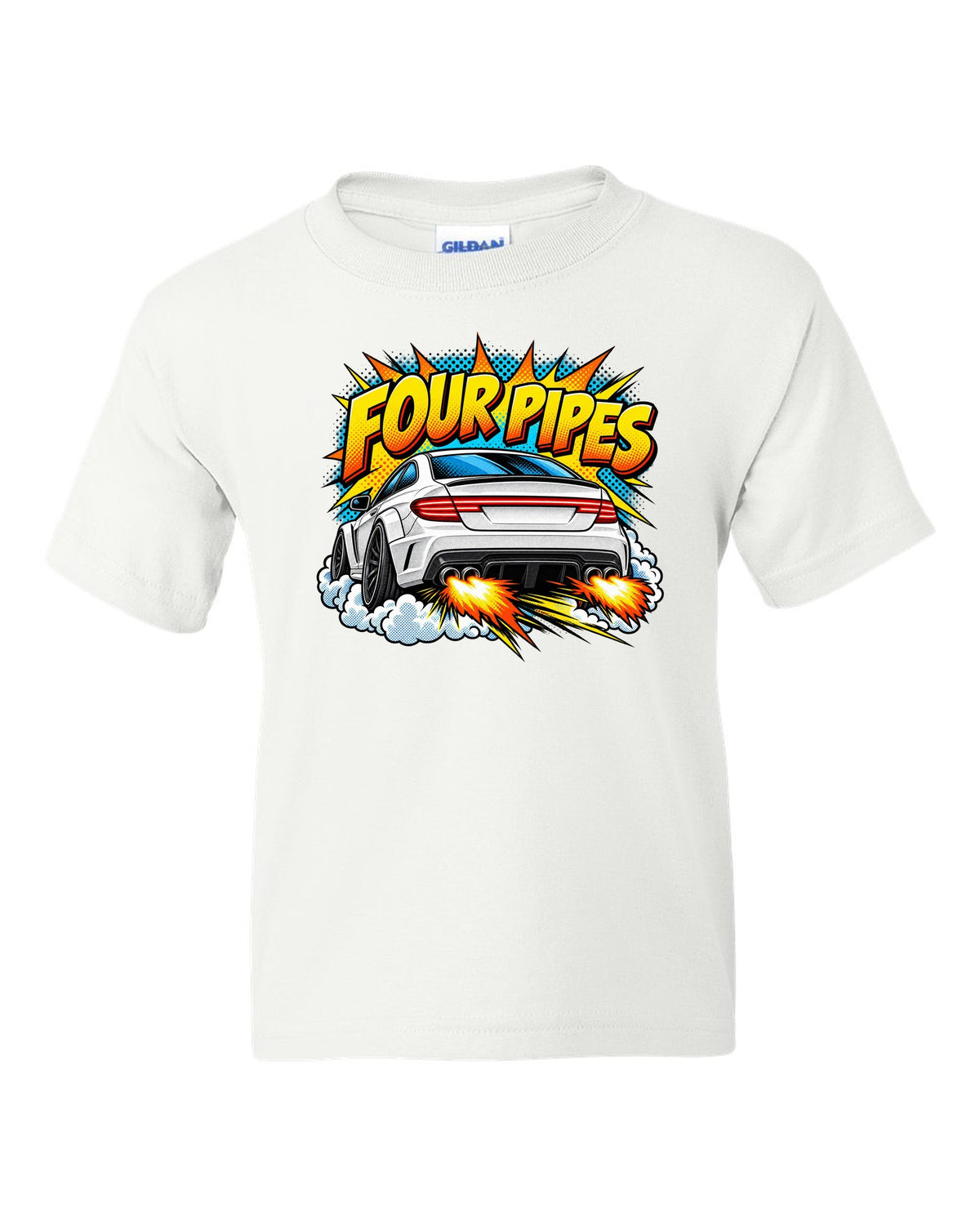 Comic halftone pop-art of the exhaust end of a Mercedes C63 Coupe C204 white kids tee front view with the design