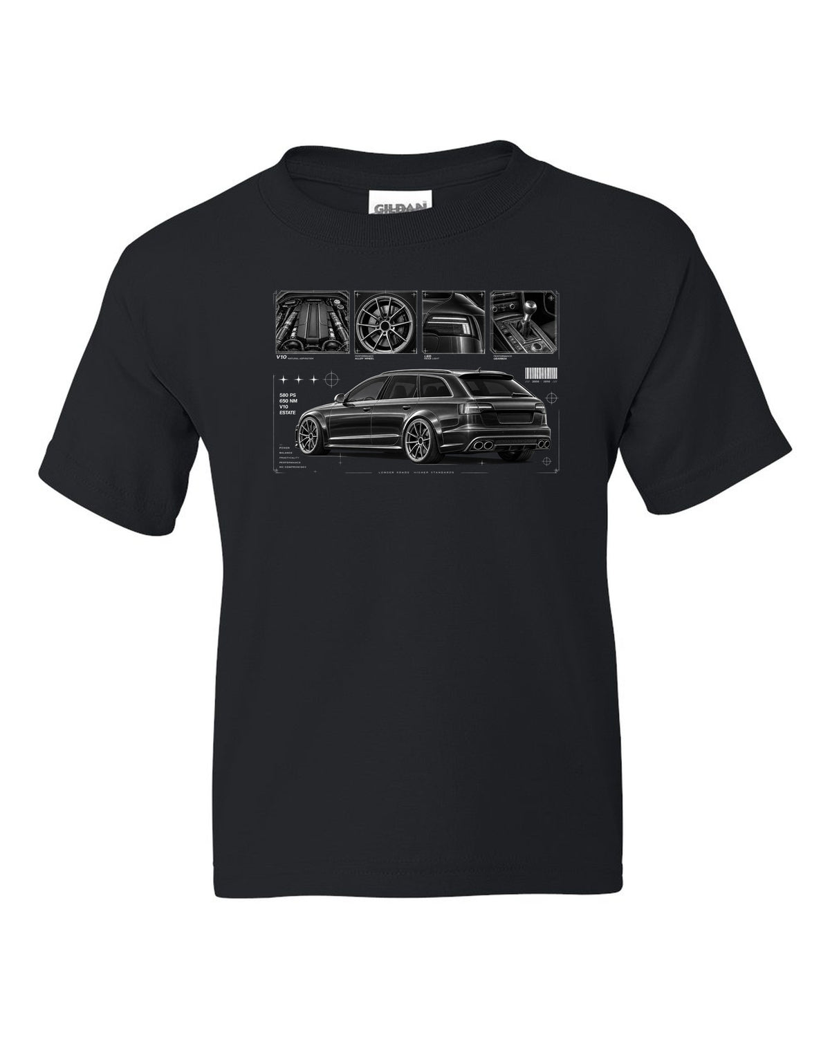 Audi RS6 Avant C6 4F Dossier Panels black kids tee front view with the design