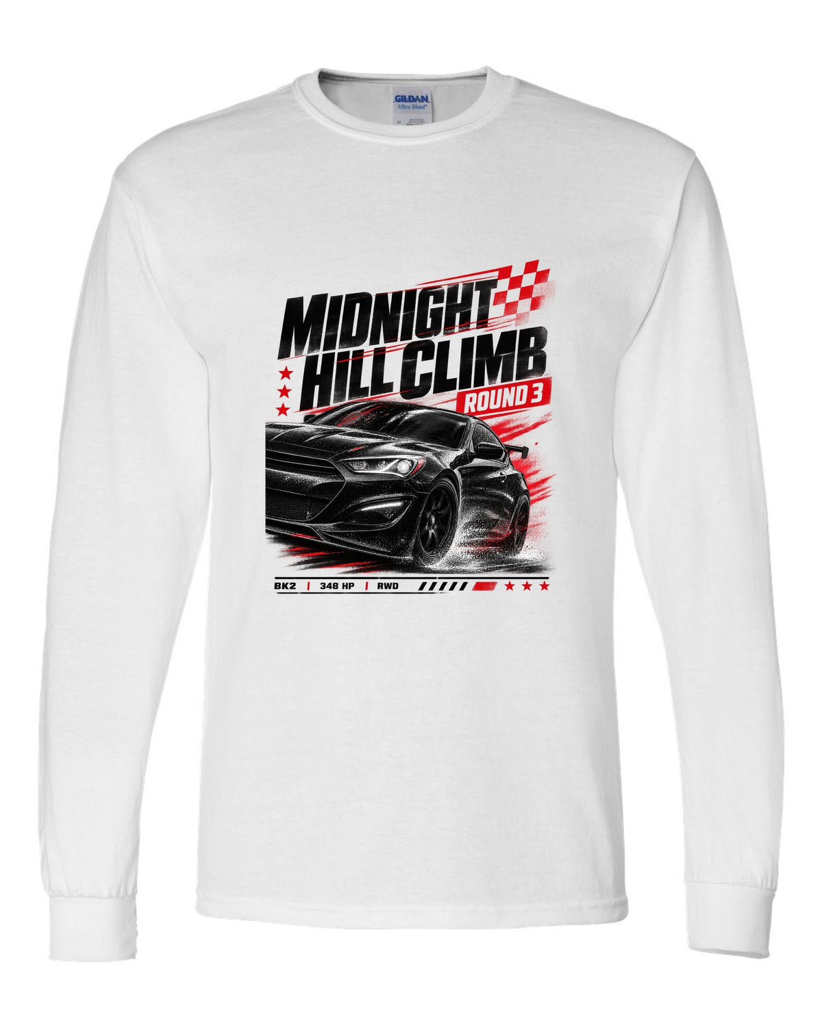 Hyundai Genesis Coupe BK2 midnight hill climb race poster white long sleeve front view with the design