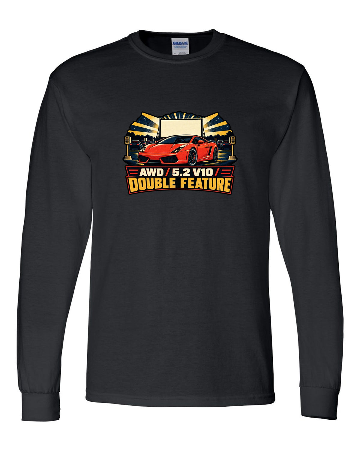 Vintage race poster style design of a Lamborghini Gallardo LP560-4 with AWD and V10 text black long sleeve front view with the design
