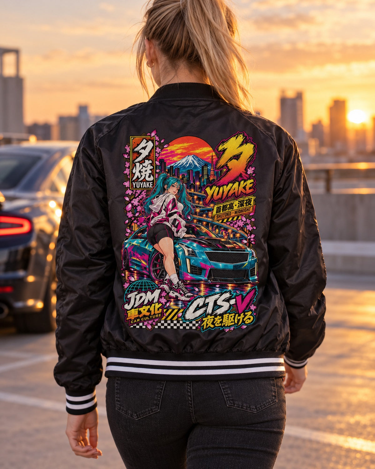 YUYAKE CTS-V Anime Girl Full-Back Graphic Tee Bomber Jacket Black worn hero