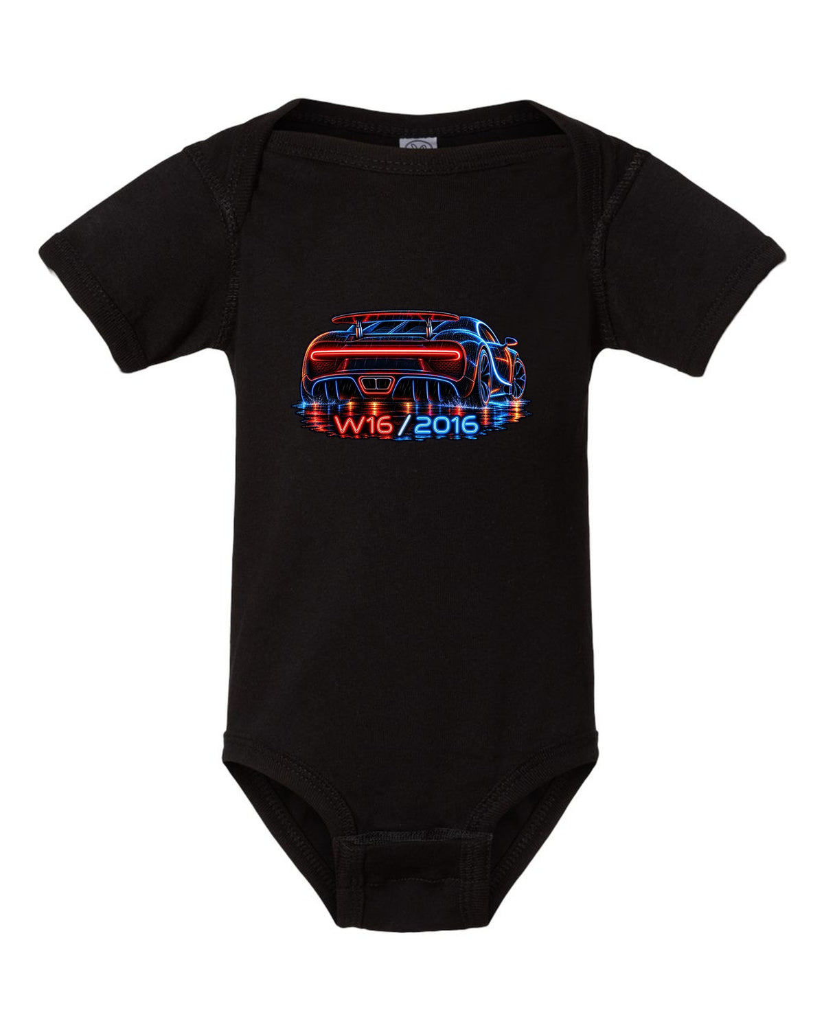 Neon sign style illustration of the Bugatti Chiron rear light bar in rain with W16 2016 lettering black baby onesie front view with the design