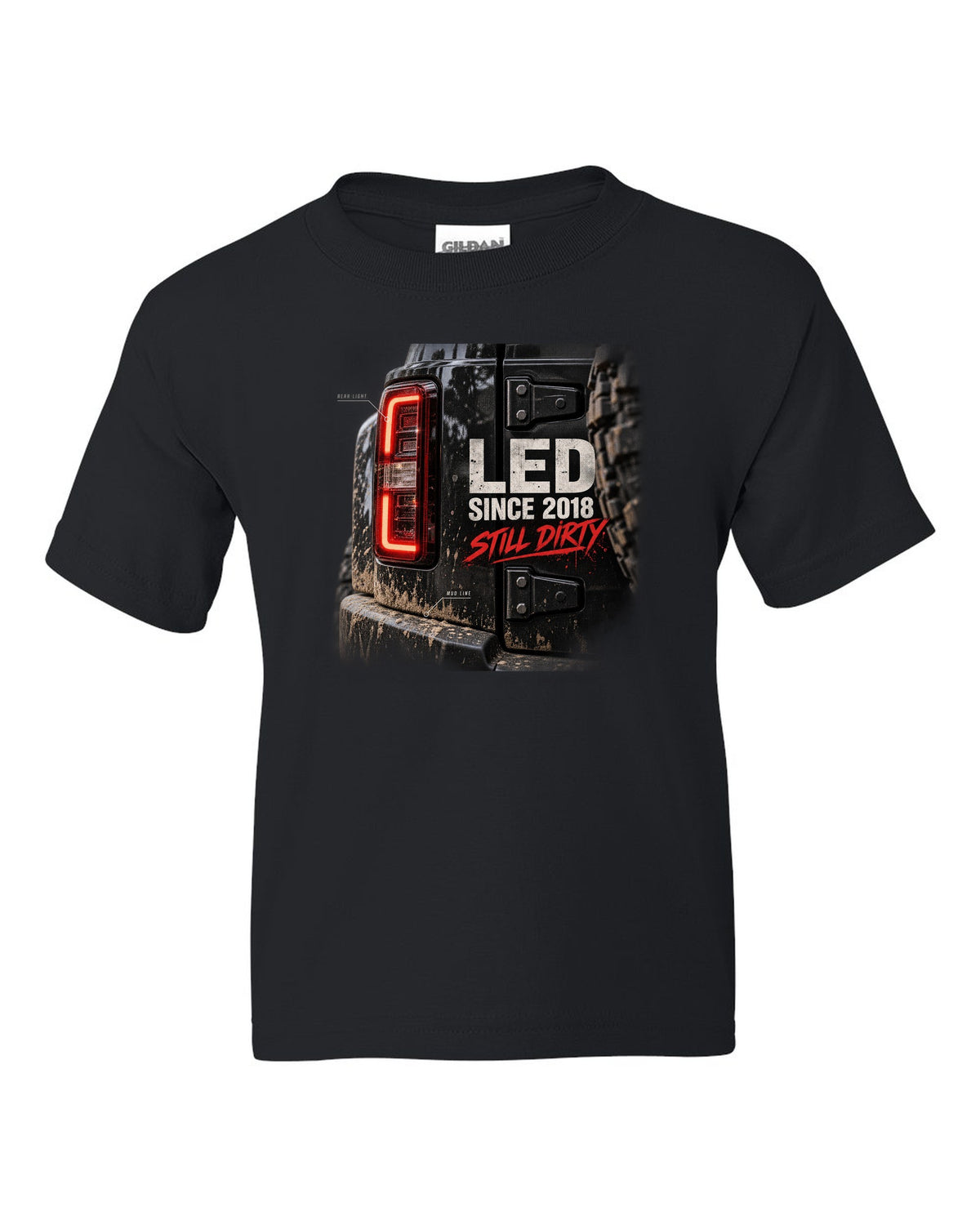 Jeep Wrangler JL LED taillight macro with mud line print black kids tee front view with the design