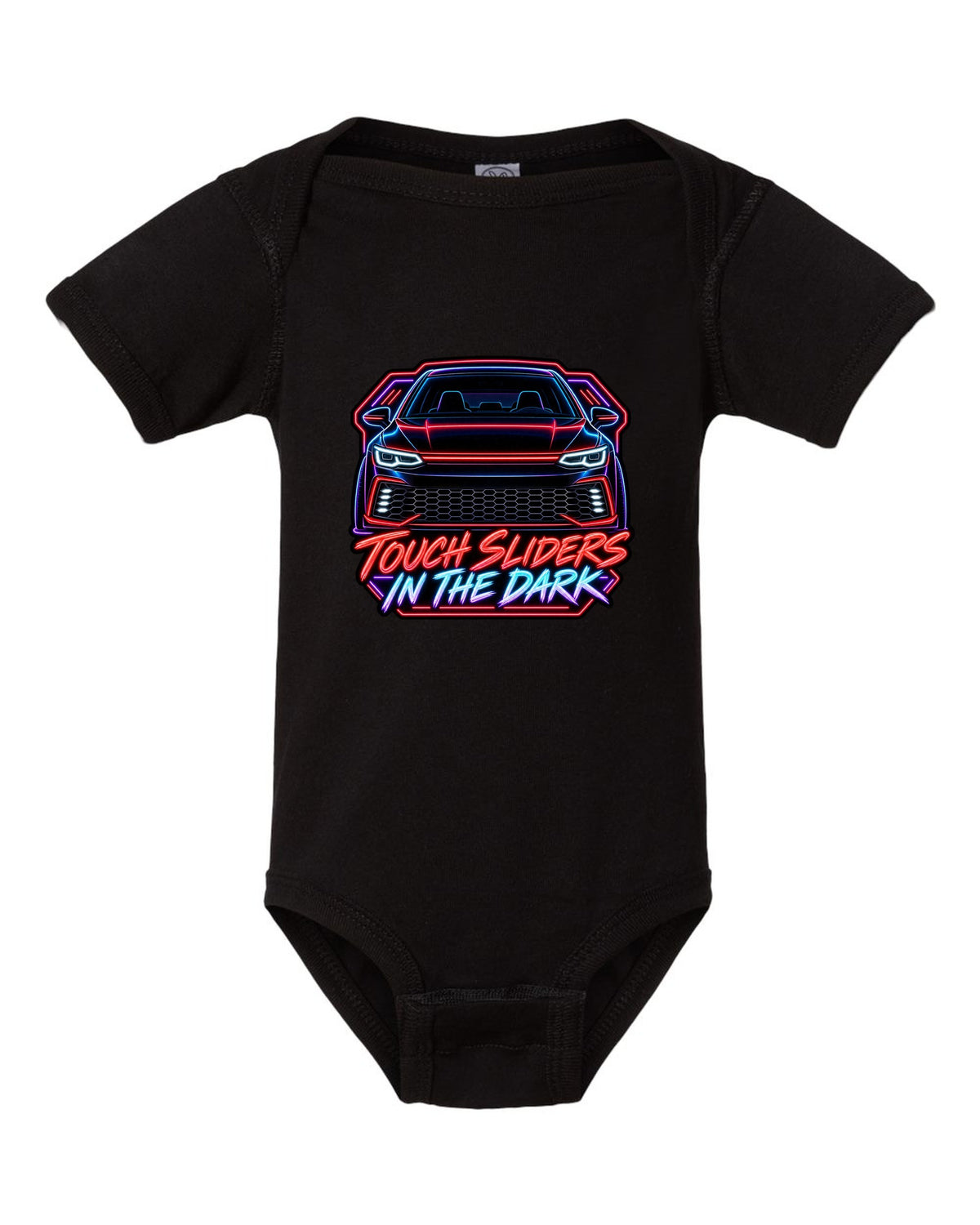 Neon sign line art of a VW Golf Mk8 GTI with touch sliders in the dark text black baby onesie front view with the design