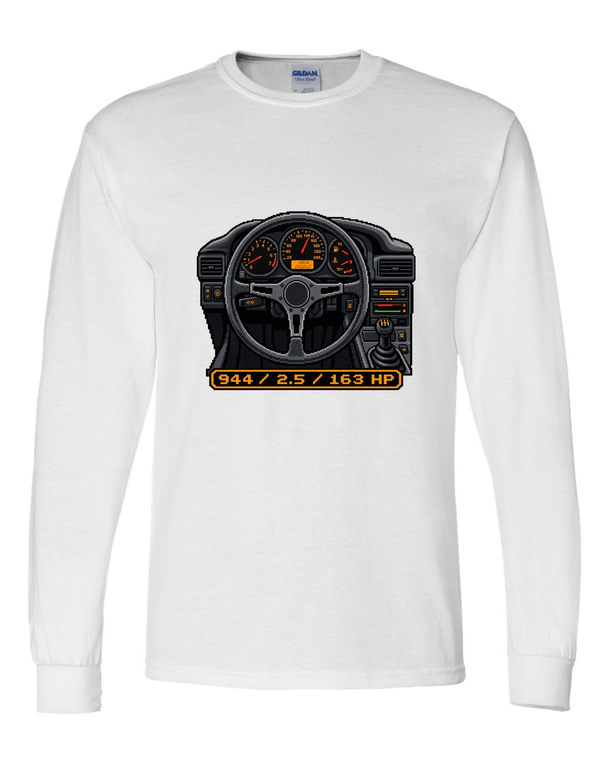 Dot-matrix pixel art of a Porsche 944 styled like a digital dash display white long sleeve front view with the design