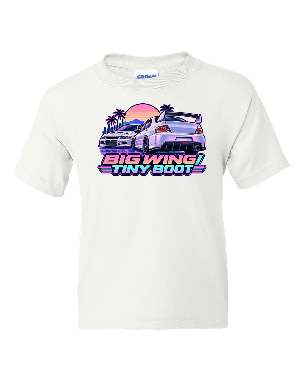 Vaporwave pastel print of the Mitsubishi Evo IX CT9A with big wing tiny boot text white kids tee front view with the design