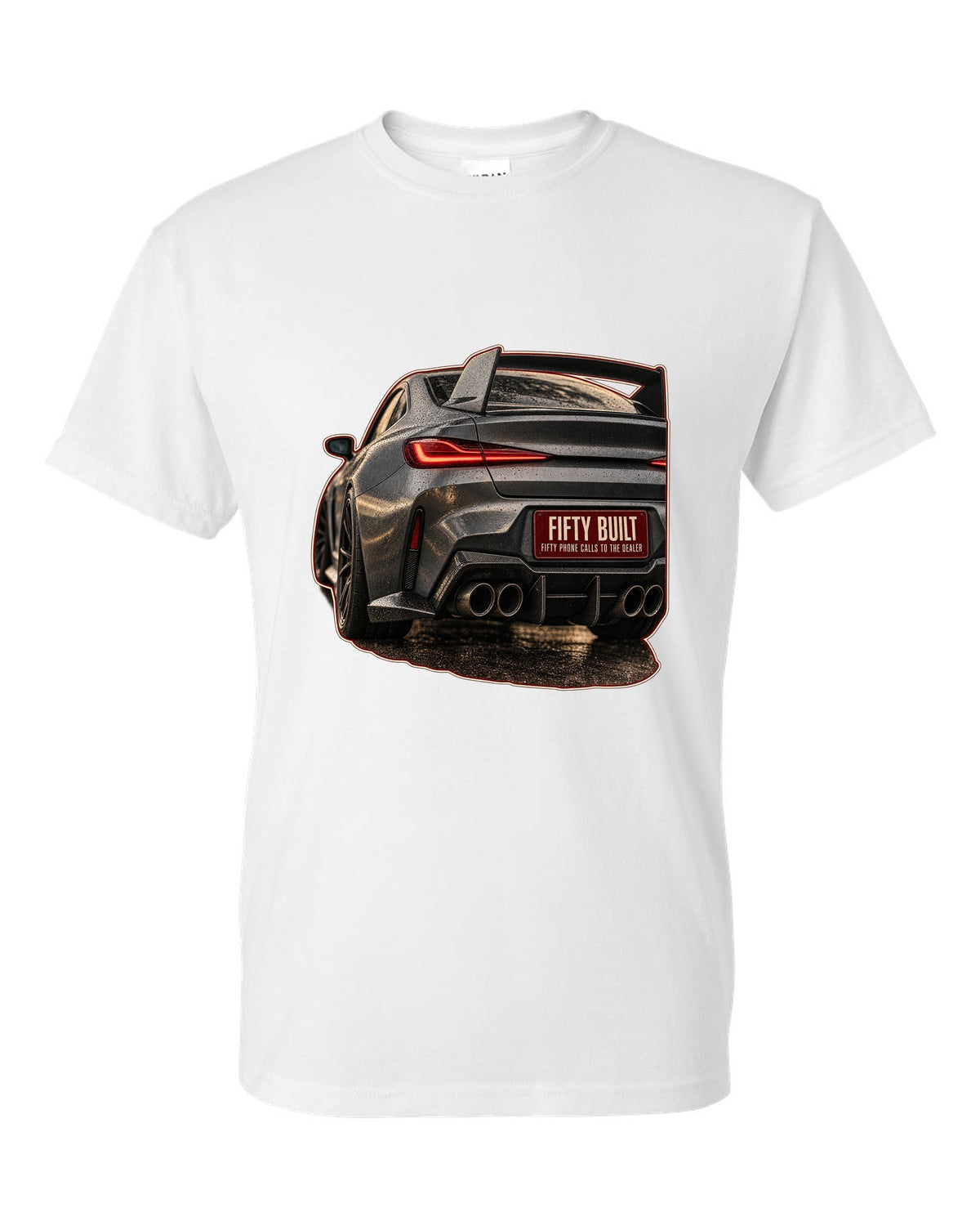 BMW 3.0 CSL 2023 rear light macro print white t-shirt front view with the design