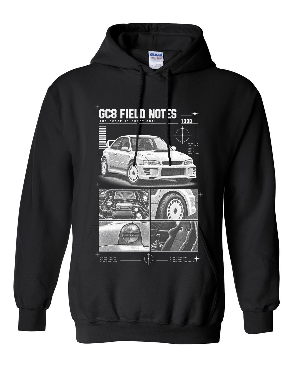 Subaru Impreza WRX GC8 coupe 1998 field notes dossier panels black pull over hoodie front view with the design