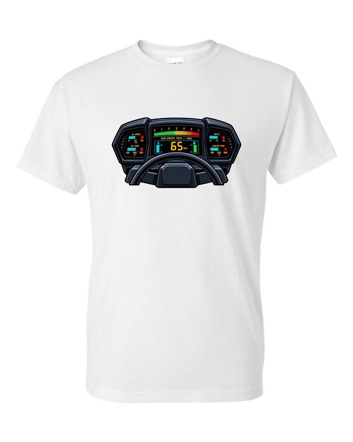 Gauge cluster HUD style print of a 1985 Chevrolet Corvette C4 digital dash with bar-graph tach white t-shirt front view with the design