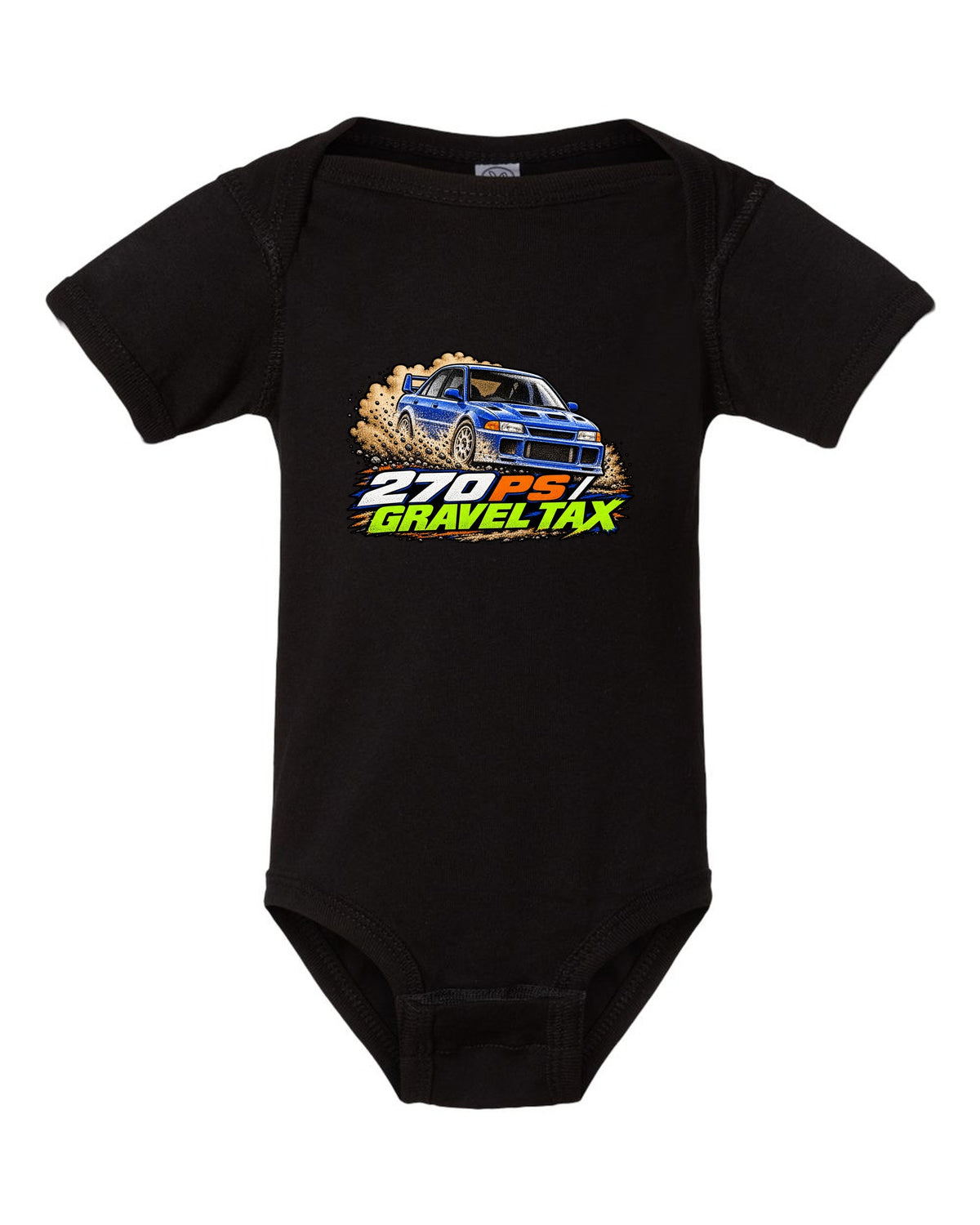 Mitsubishi Lancer Evolution III CE9A in grainy 90s rally magazine halftone, 270 PS / GRAVEL TAX black baby onesie front view with the design