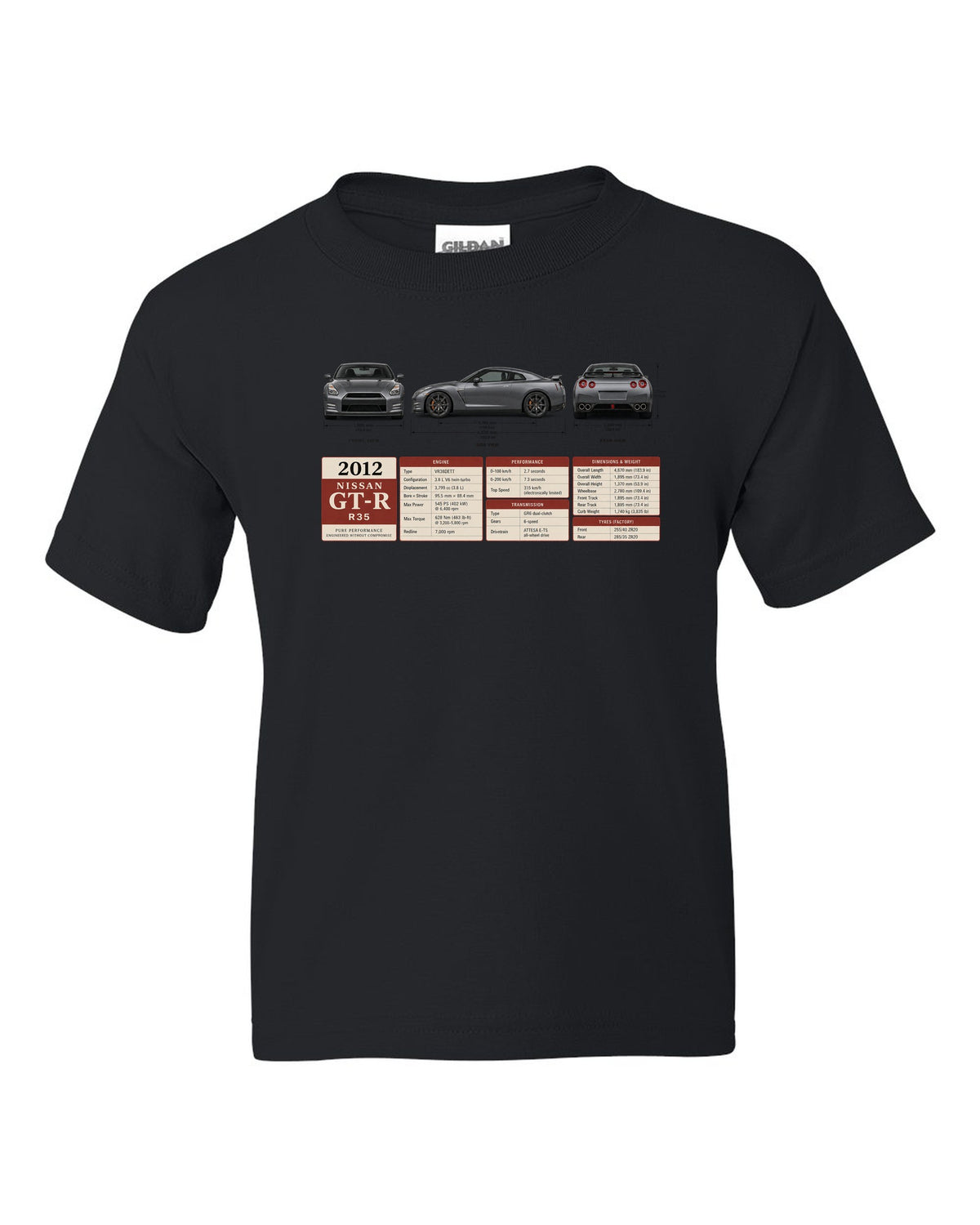 Three-view drawing and spec table of a 2012 Nissan GT-R R35 in graphite grey black kids tee front view with the design