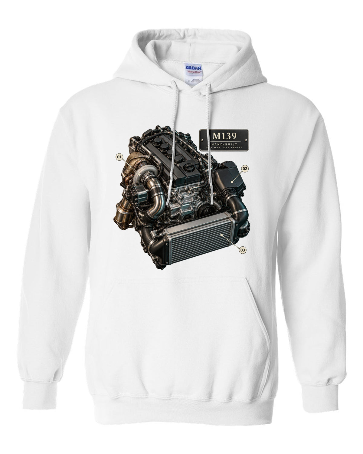 Mercedes-AMG C63 S E Performance W206 M139 engine illustration white pull over hoodie front view with the design