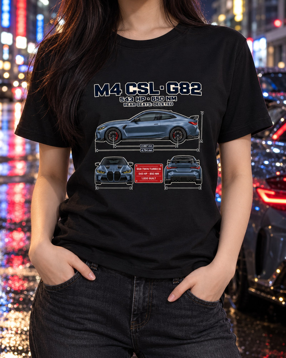 BMW M4 CSL G82 Three-View Spec Table Shirt T-Shirt Black worn hero