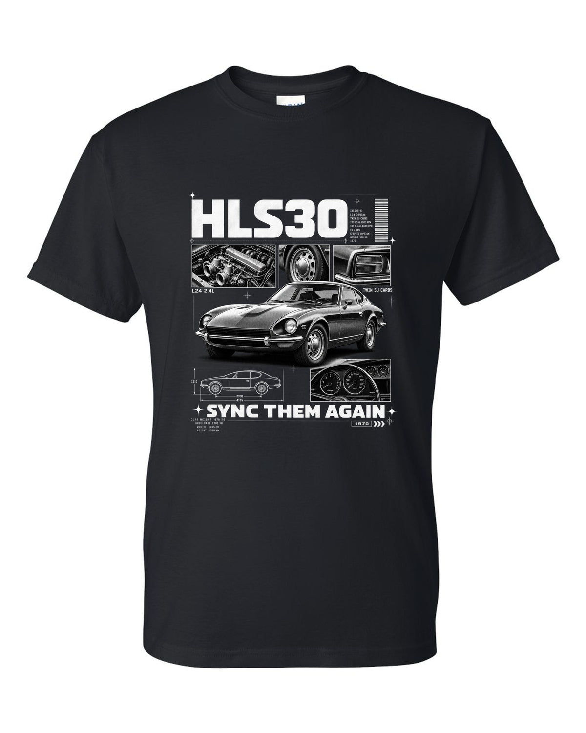 Dossier panel print of a 1970 Datsun 240Z HLS30 with L24 and twin SU carbs text black t-shirt front view with the design