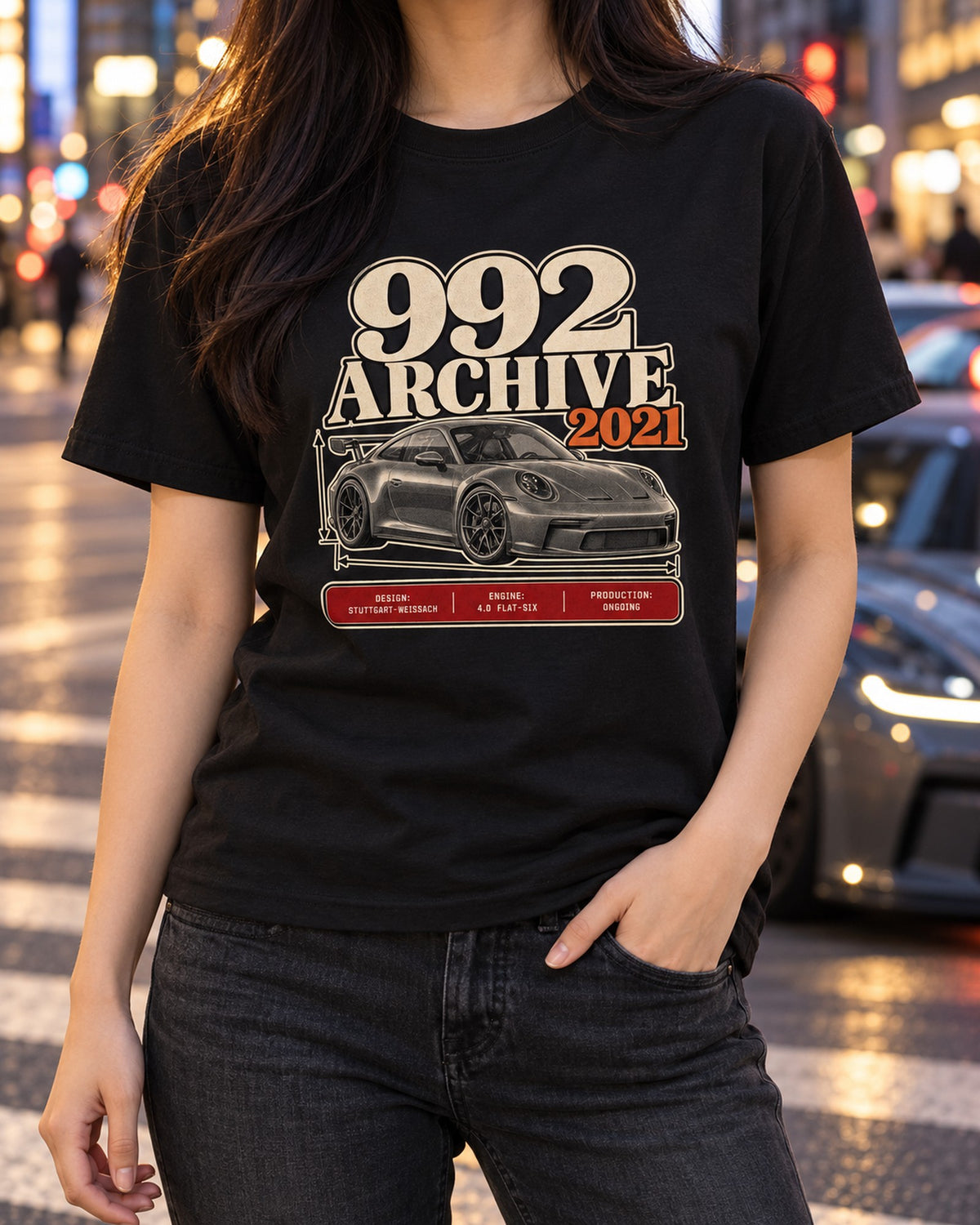 Porsche 992 GT3 Archive Panel Shirt, Stuttgart Flat-Six Tee T-Shirt Black worn hero